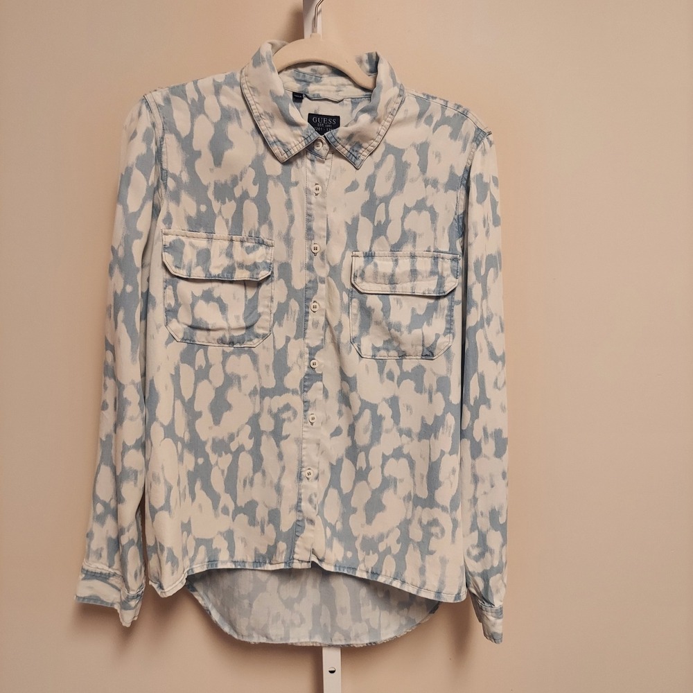 Guess Blue White Abstract Animal Print Lyocell Button Down Shirt L Street